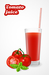 Ripe tomatoes on a branch and tomato juice in a glass with striped straw.
