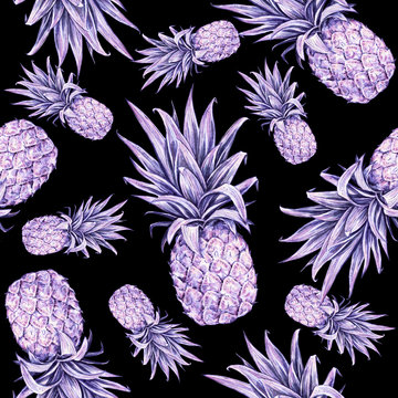 Pineapples on a black background. Watercolor colourful illustration. Tropical fruit. Seamless pattern