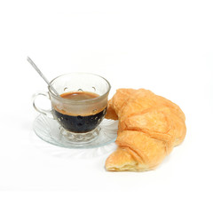 espresso coffee in classic cup  with croissant isolate on white
