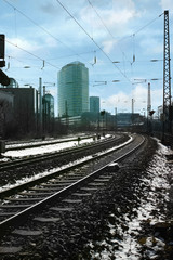 Fototapeta na wymiar Munich skyline. Urban industrial landscape with railways of S-Bahn train in Munich, Bavaria, Germany.