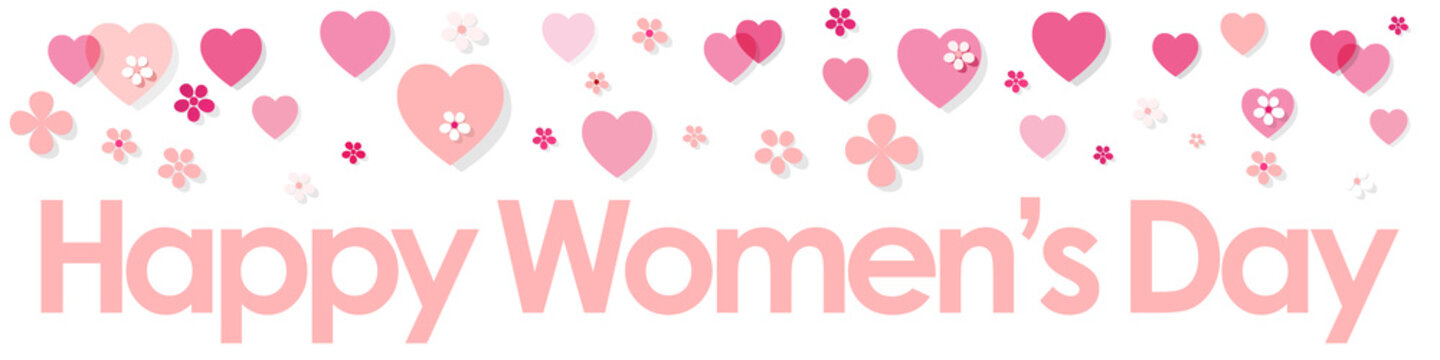 Happy Women's Day banner baby pink with Hearts and Flowers on a white background.