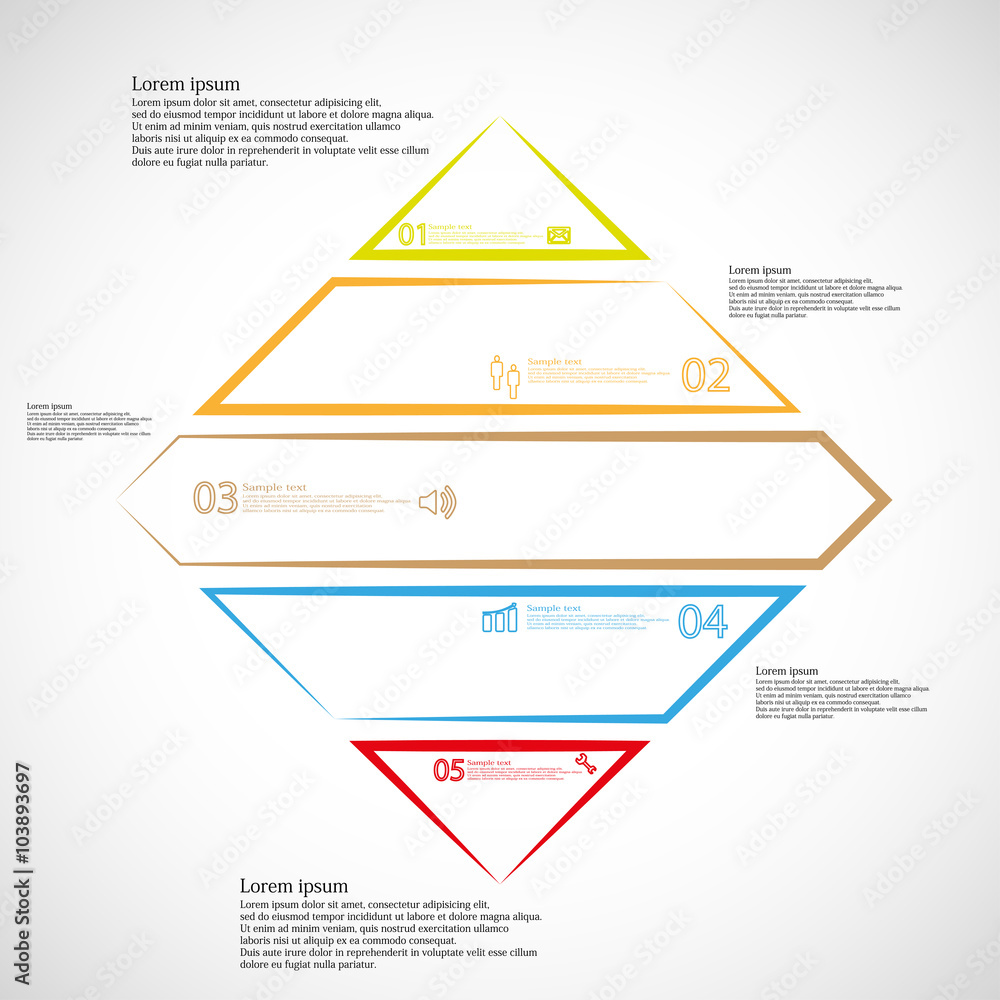 Sticker Infographic template with rhombus shape divided to five color parts