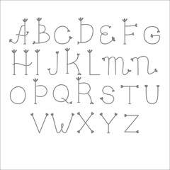 Cute beautiful font. English alphabet. Hand drawn, doodle style