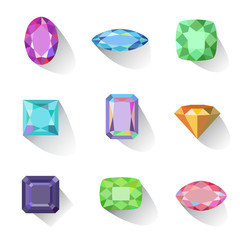 Flat style long shadow colored gems cuts icons © Anna Rassadnikova