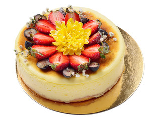 cheese cake decorated with strawberries, strawberries and flower