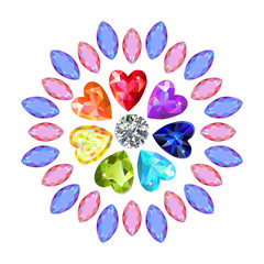 Texture of colored marquise & heart cut gems isolated on white b