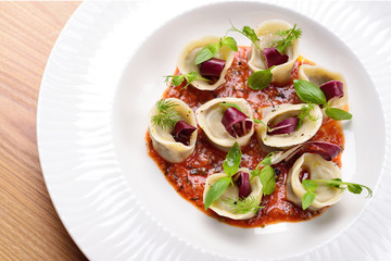 tortellini with mushrooms, and basil sauce, Italian food