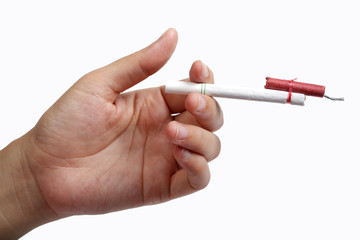 hand holding cigarette with firecracker on top,isolated on white