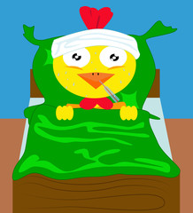 Sick chicken in bed with thermometer