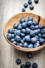 Blueberries in a bowl on a wooden table.