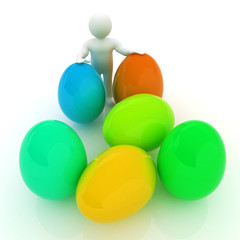 3d small person holds the big Easter egg in a hand. 3d image.
