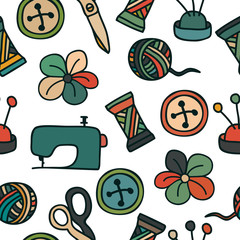 Cartoon Hand Drawn Seamless Pattern with Sewing and Tailoring El