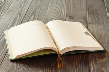 Open diary with blank pages closeup