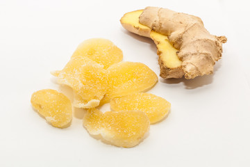 Dry ginger with sugar coated and fresh ginger