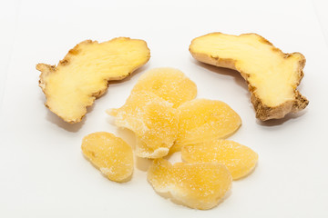 Dry ginger with sugar coated and fresh ginger