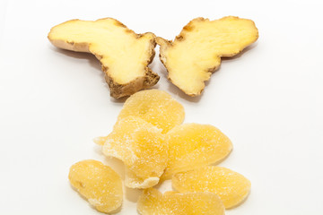 Dry ginger with sugar coated and fresh ginger