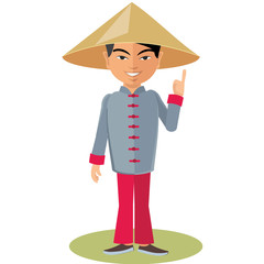 Chinese man in a headdress finger raised upward