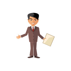 Chinese man in a business suit with a tablet
