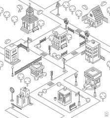 Seamless pattern with Isometric city. Black and white vector ill