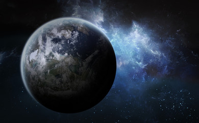 Obraz premium Sunrise over exoplanet Earth in space