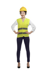 Asian woman wear had hat and safety vest