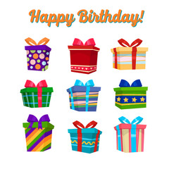 Colorful Gift Boxes and Presents Set with Ribbons