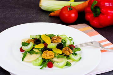 Dietary Delicious Salad on White Plate of Arugula, Par, Walnut a