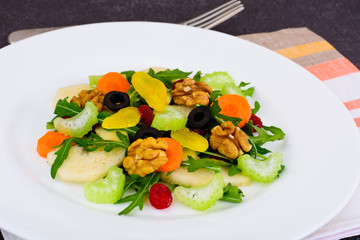 Dietary Delicious Salad on White Plate of Arugula, Par, Walnut a