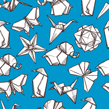 Origami paper folded figures seamless pattern 