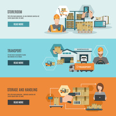 Warehouse storeroom interactive flat banners set