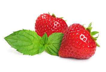 Strawberries and mint leave, isolated on white.