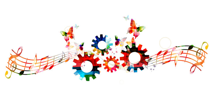 Colorful music notes background with gears. 