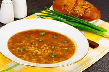 Soup Kharcho with Rice and Vegetables, Curry, Chili  