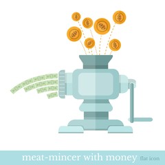Flat design vector concepts icon of finance and business,coins fall into a meat grinder and bills gold