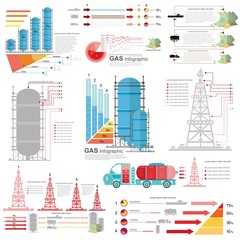 Obraz premium set of flat design of gas and gas rig infographics gas production delivery and gas storing