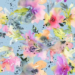 Abstract watercolor flowers. Seamless pattern. Bright colors. The unusual shape.