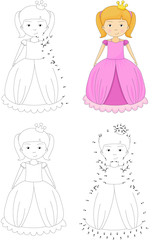 Cartoon princess. Coloring book and dot to dot game for kids