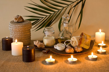 Still life o ftools and means for ski care and hair care in coff