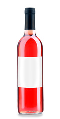 Bottle of pink wine with empty label, isolated on white