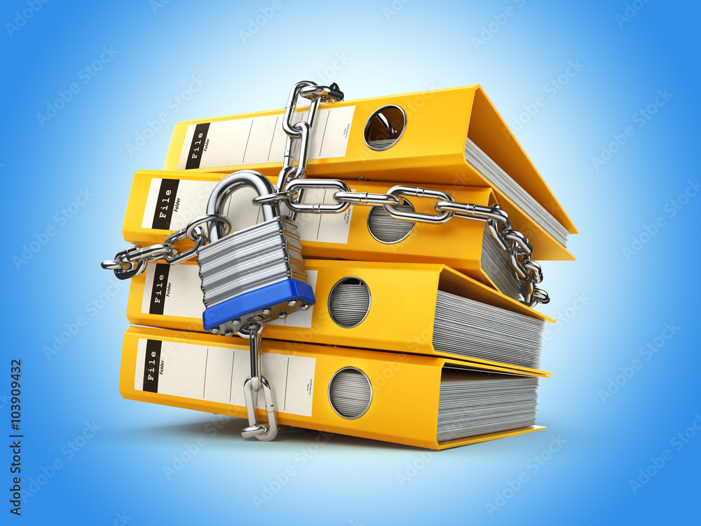 Poster File folder and chain with lock. Data and privacy security. Info