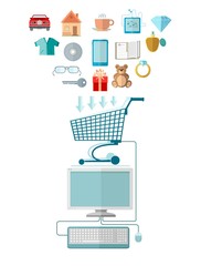 Flat design marketing illustration with computer join with shopping cart and set of icons for E-shoping
