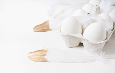 Fototapeta na wymiar white eggs on white background with feathers