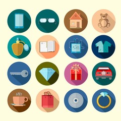 set of flat design icons on the circle background with long shadow