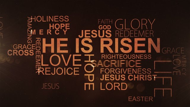 He is risen. UltraHD Christian text, lights and particles on brown background.