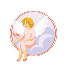 the angel sits on a cloud and talks to a birdie