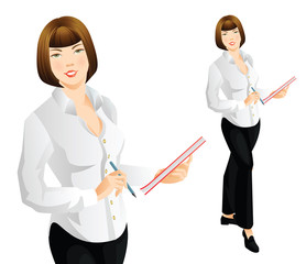 Vector illustration of secretary or teacher in official formal clothes. Young woman in black pants and white formal blouse. Woman writing document. 