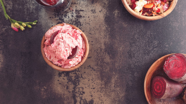 Beetroot Dip And Fresh Beetroot On A Dark Surface 