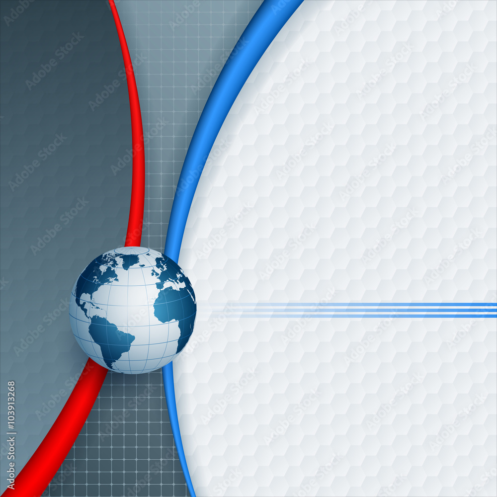 Fototapete Abstract, computer, design background with Earth globe and three dimensions shape on hexagonal pattern backdrop,large space for text