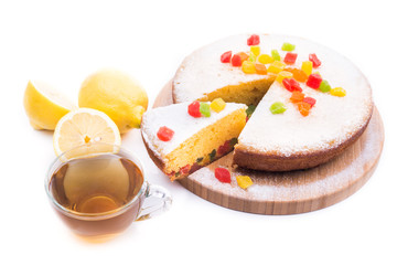 Aroma tea in glass cup with pie