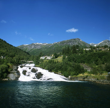 Norway. Geirangerfjord. There is waterfall in Hellesylt village